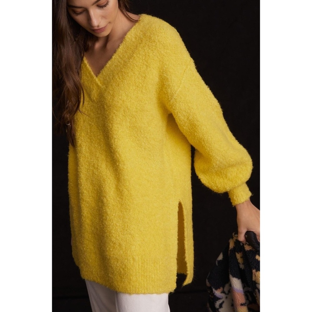 Anthropologie Pilcro V-Neck Teddy Sweater Yellow XS Oversized Tunic Pullover - Picture 3 of 12